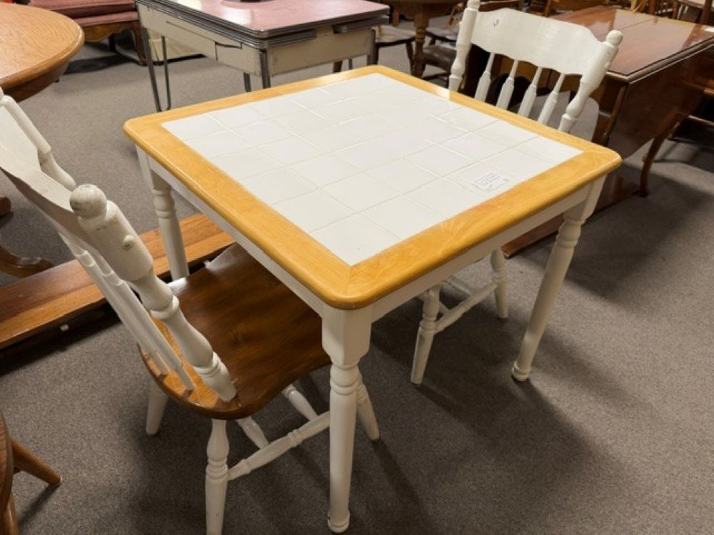 White and Blonde Tile Top Table and Chairs $99