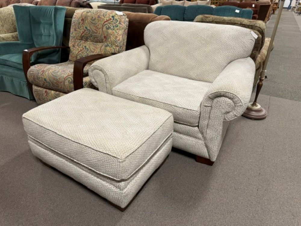 White and Grey Zig Zag Chair and Ottoman $125