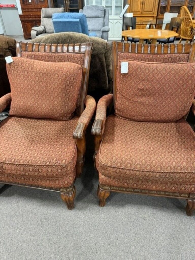 Dark Red Pattern Curved Wood Arm Chair $89 Each