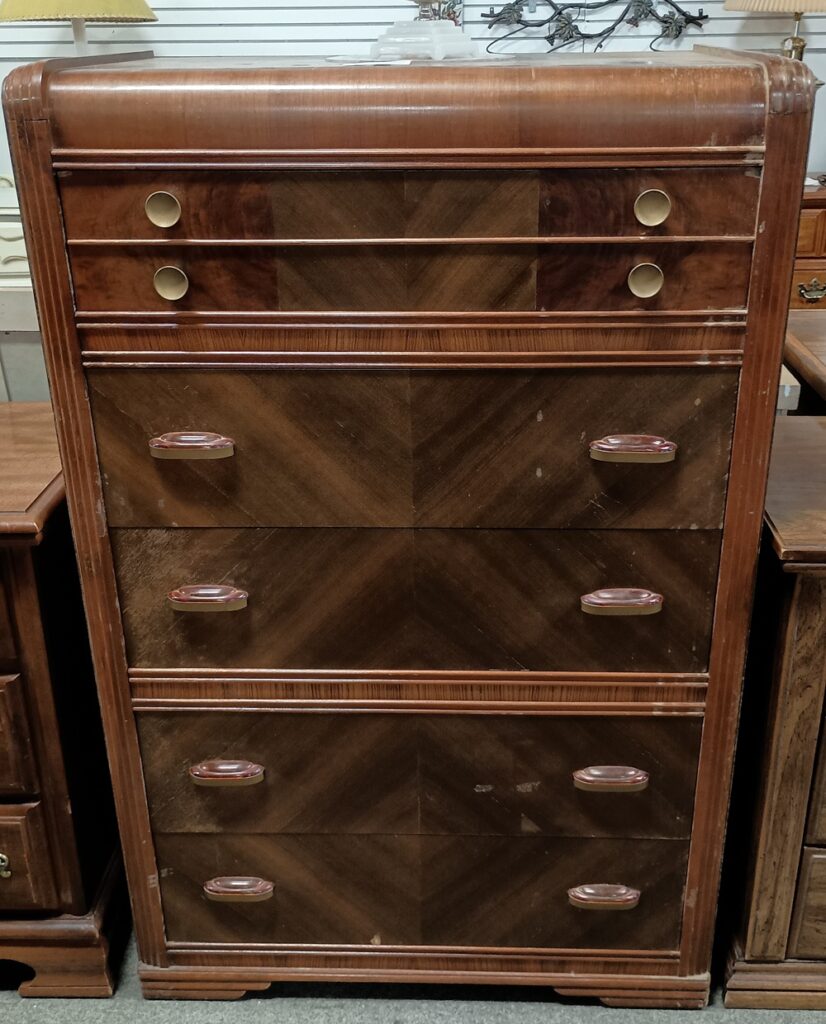 Five Drawer Vintage Waterfall Chest with Bakelite Pulls $129