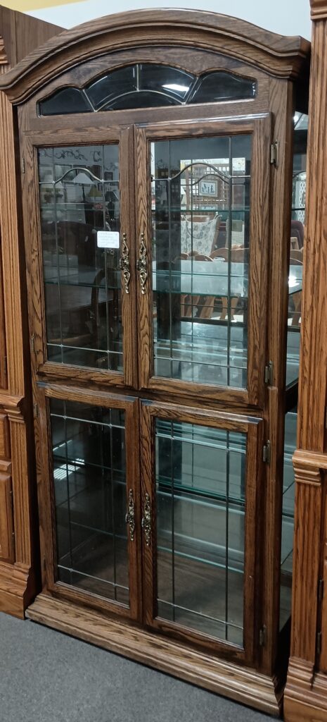 Lighted Curve Top Leaded Glass Four Door One Piece Curio Cabinet $259