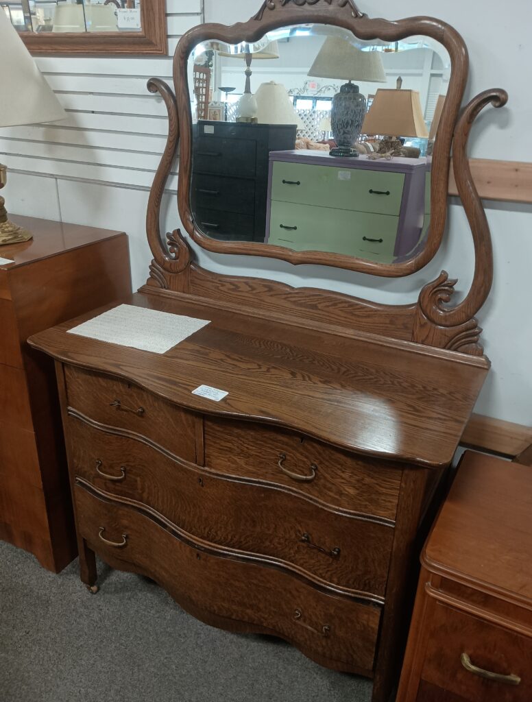 Vintage Four Drawer Solid Wood Dresser with Beveled Mirror $299